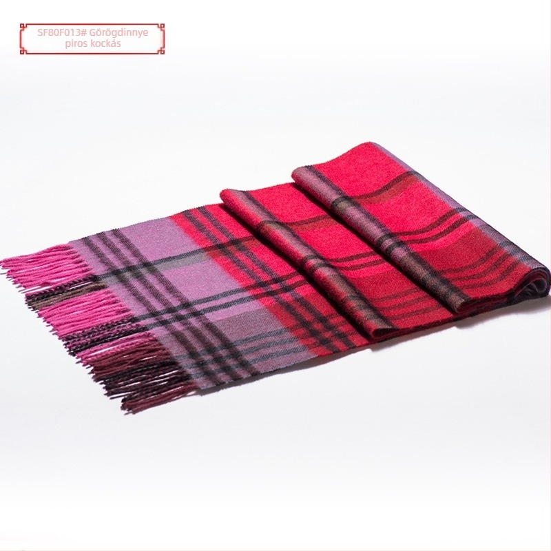 Férfi gyapjú sál téli időszakra, warp knitting technikával, hosszú, kockás mintázat, 30 cm szélesség, >96% gyapjú