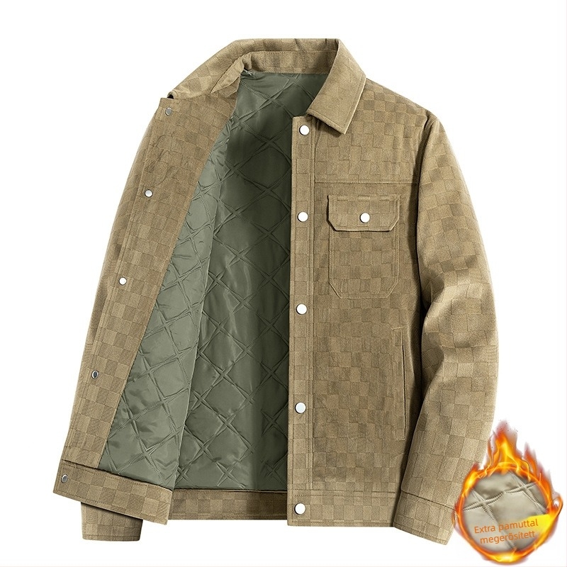 Férfi téli kabát kockás mintával, karcsú szabású, rever, egygombos záródás, oldalsó zsebek