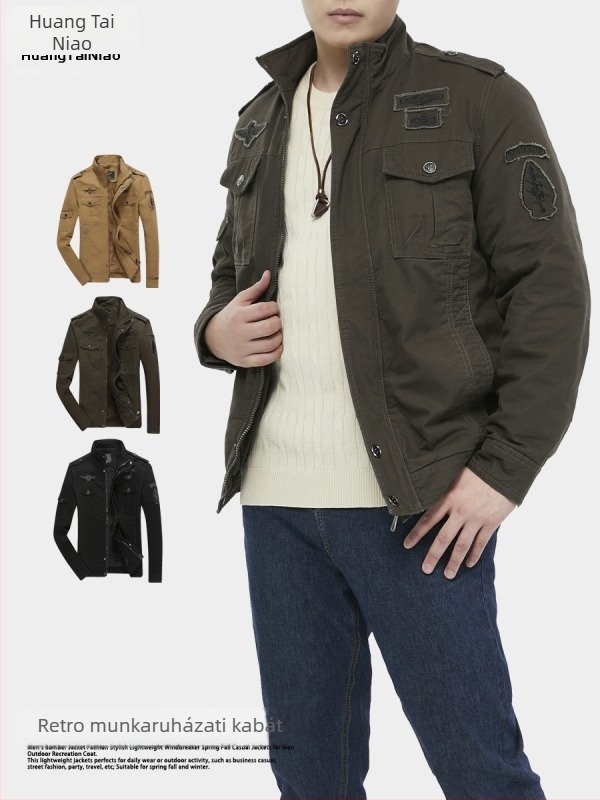 Férfi dzseki Vintage Workwear pamutból, állógallér, cipzár