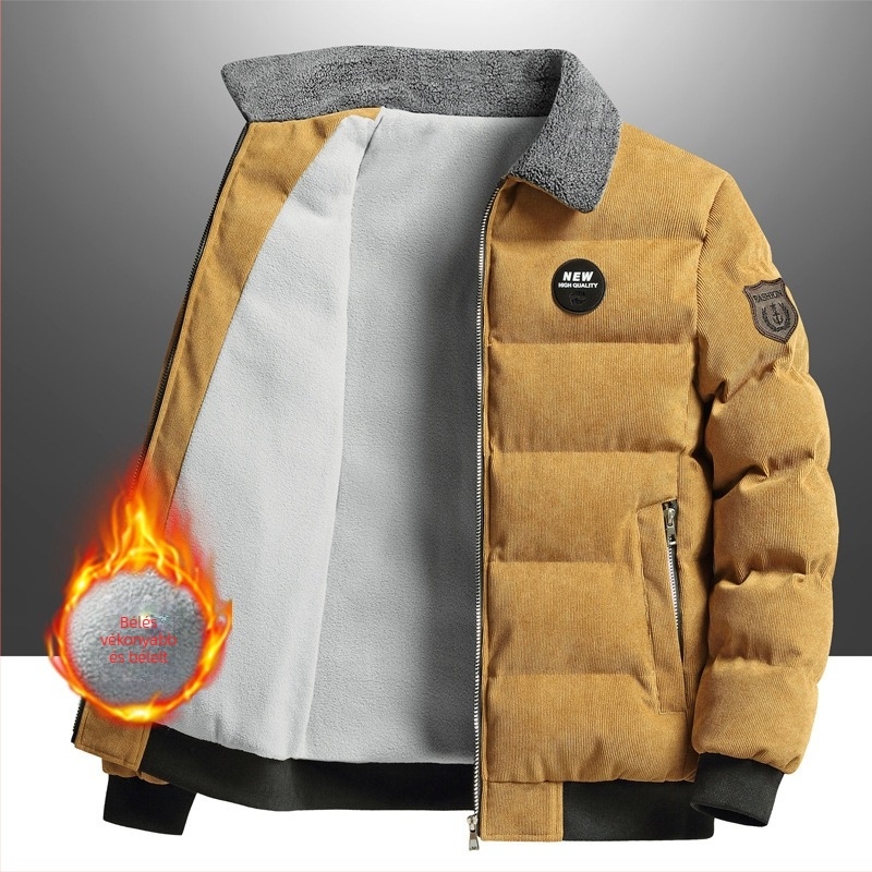 Corduroy dzseki fleece béléssel, galléros, cipzárral záródó, téli viselet férfiak számára