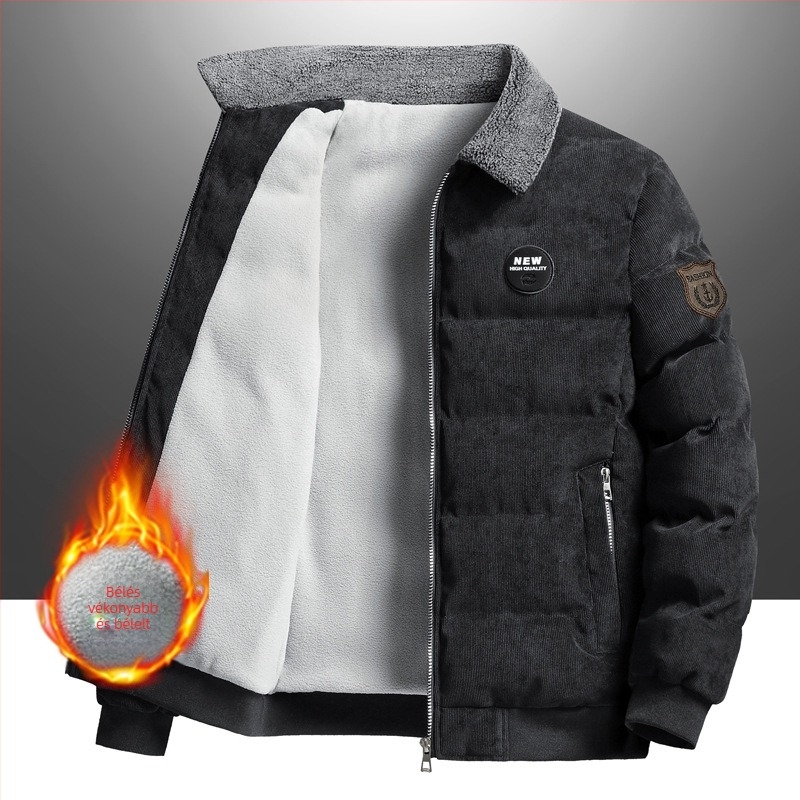 Corduroy dzseki fleece béléssel, galléros, cipzárral záródó, téli viselet férfiak számára