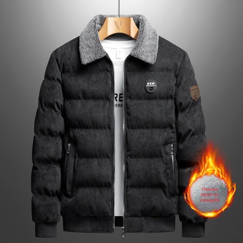 Corduroy dzseki fleece béléssel, galléros, cipzárral záródó, téli viselet férfiak számára
