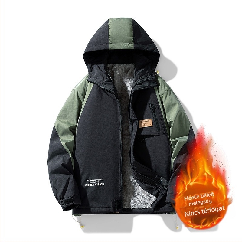 Férfi kapucnis szélálló dzseki, cipzárral záródó, laza szabású, oldalsó zsebek