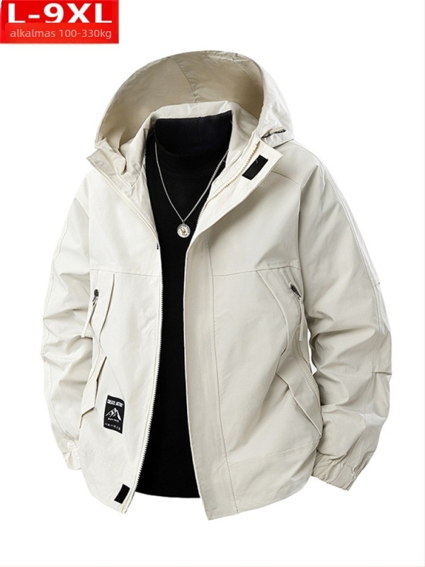 Férfi kapucnis dzseki laza szabású, poliészter anyagból, kopásálló és szélálló, cipzárral