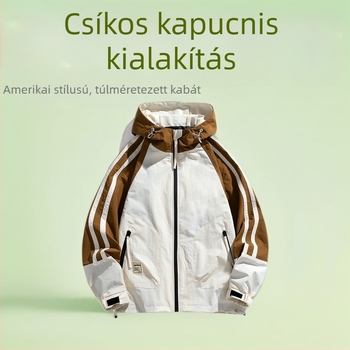 Férfi sportos kapucnis dzseki csíkokkal, elöl cipzárral, laza szabású, poliészter anyagú és poliészter bélésű