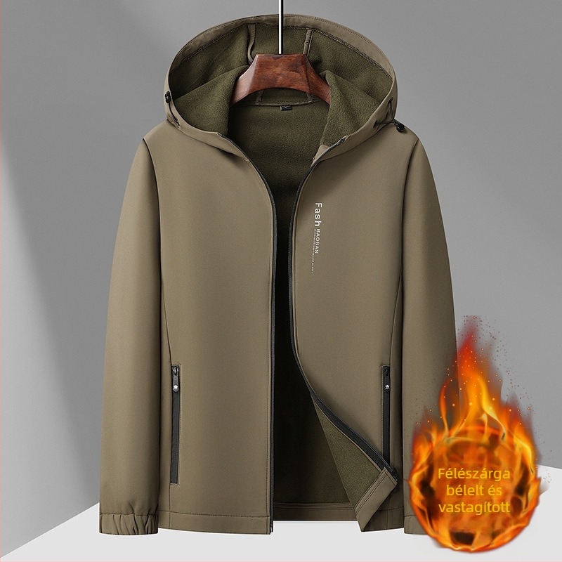 Kapucnis dzseki fleece béléssel, vastag és meleg, cipzáras záródás, álló gallér, külső poliészter