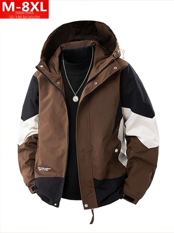 Férfi dzseki színes blokk mintával, kapucnival, cipzárral, laza szabású