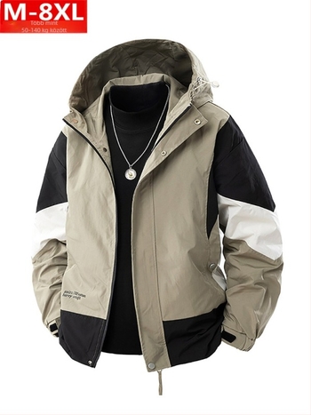 Férfi dzseki színes blokk mintával, kapucnival, cipzárral, laza szabású