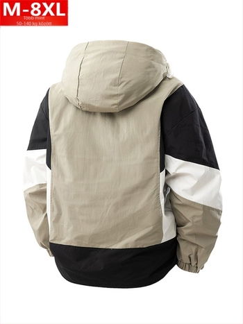 Férfi dzseki színes blokk mintával, kapucnival, cipzárral, laza szabású