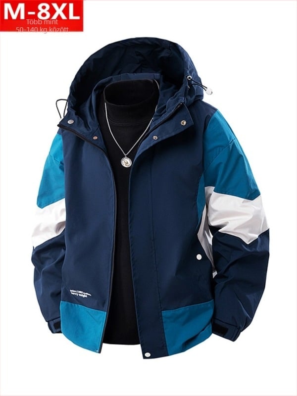 Férfi dzseki színes blokk mintával, kapucnival, cipzárral, laza szabású