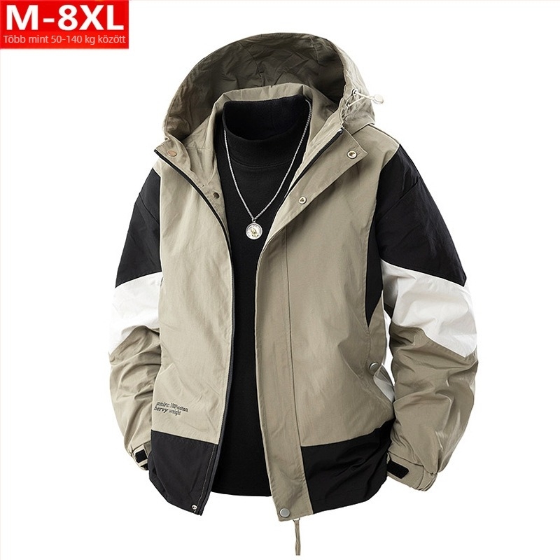 Férfi dzseki színes blokk mintával, kapucnival, cipzárral, laza szabású