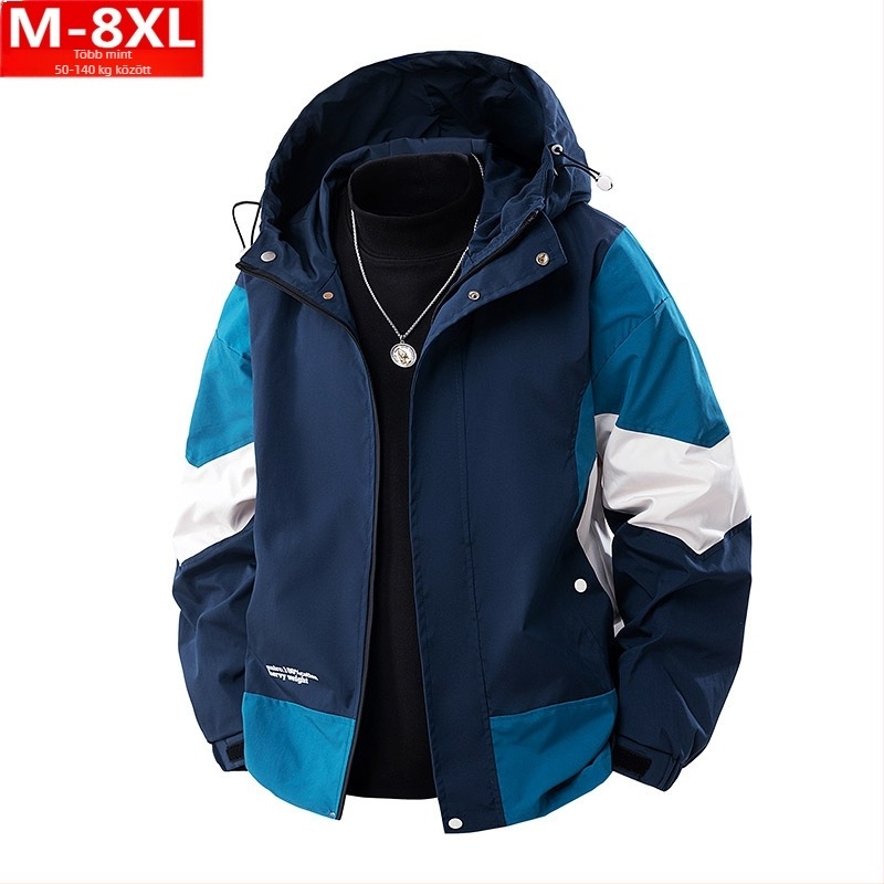 Férfi dzseki színes blokk mintával, kapucnival, cipzárral, laza szabású