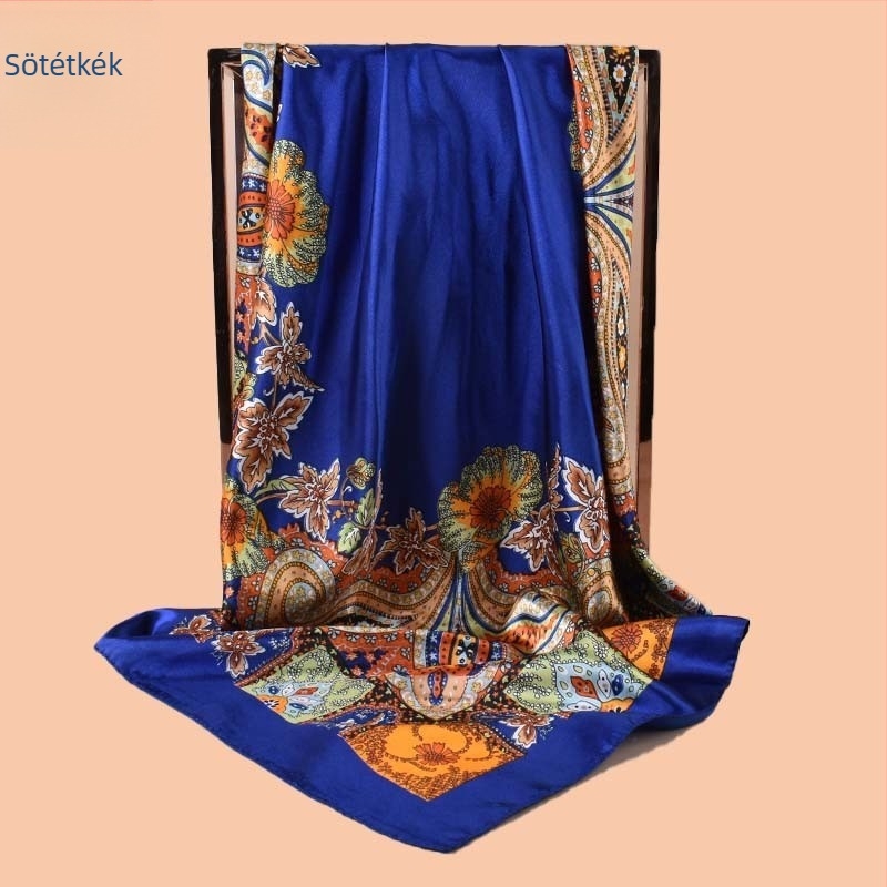 Négyzet alakú sál, szatén anyag, nyomtatott minta, egyszerű szövés, modern városi stílus (nyár 2021)