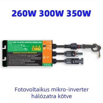 Fotovoltás mikrohálózatra csatlakozó inverter, bemenet 22-50V, kimenet 110/220V, teljesítmény max. 320W, hatékonyság 92,5%, méretek 35x76x233 mm