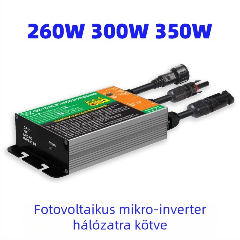 Fotovoltás mikrohálózatra csatlakozó inverter, bemenet 22-50V, kimenet 110/220V, teljesítmény max. 320W, hatékonyság 92,5%, méretek 35x76x233 mm