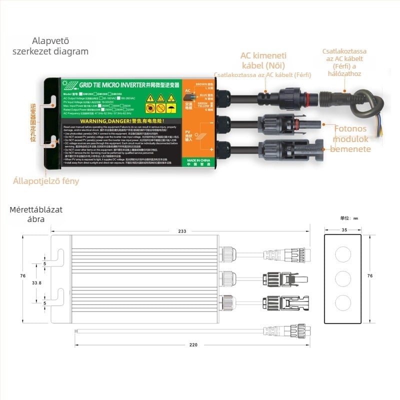 Fotovoltás mikrohálózatra csatlakozó inverter, bemenet 22-50V, kimenet 110/220V, teljesítmény max. 320W, hatékonyság 92,5%, méretek 35x76x233 mm