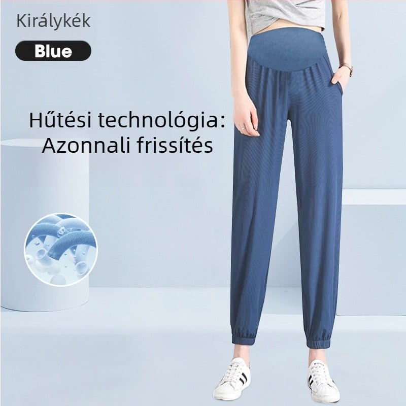 Terhes nadrág jég-selyem anyagból, laza szárú, has támasztás, 9/10 hossz, plusz méret, karcsúsító hatás, meztelen lábak hatás