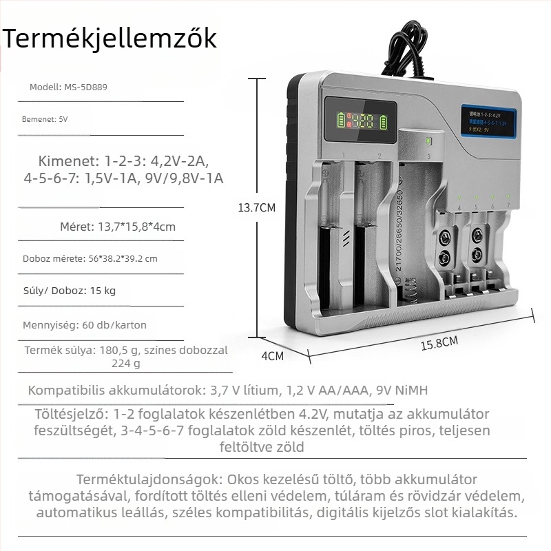 USB akkumulátor töltő Li-ion és NiMH akkukhoz, kettős kimenet 4.2V/1A és 1.2V/1A, bemenet 5V, CE/ROHS