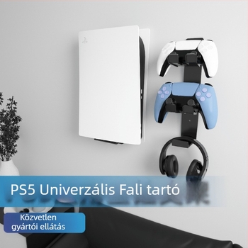 Fali konzol állvány PS5/PS5 Pro/PS5 Slim-hez kontrollert és fejhallgatót tároló, fém kivitel, modell MZ-8005X, súly 900 g