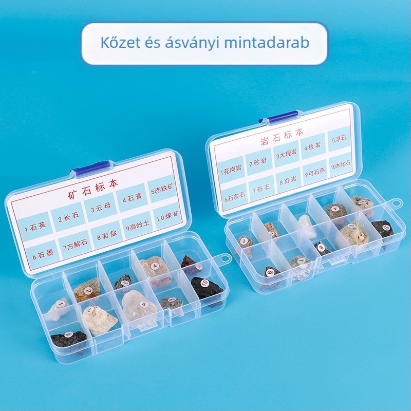 Kőzet- és ásványmintákat tartalmazó tudományos készlet általános iskolásoknak