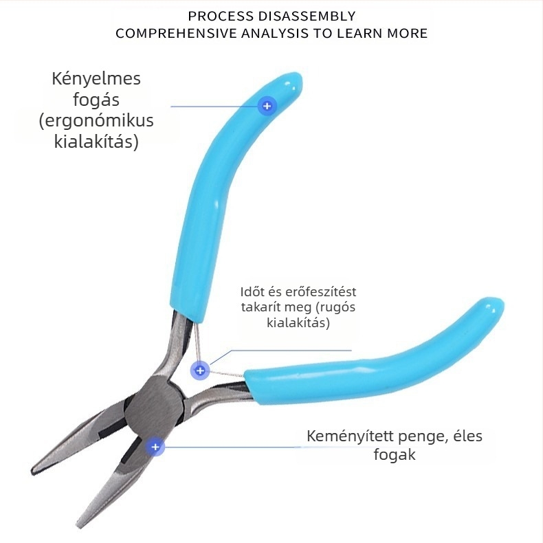 Ékszerfogó készlet testreszabható kivitelben: tűhegyű fogók, diagonális orrú fogók és környező orrú fogók; 45# acél, DIP műanyag fogantyú, antimagnetikus, 500 g