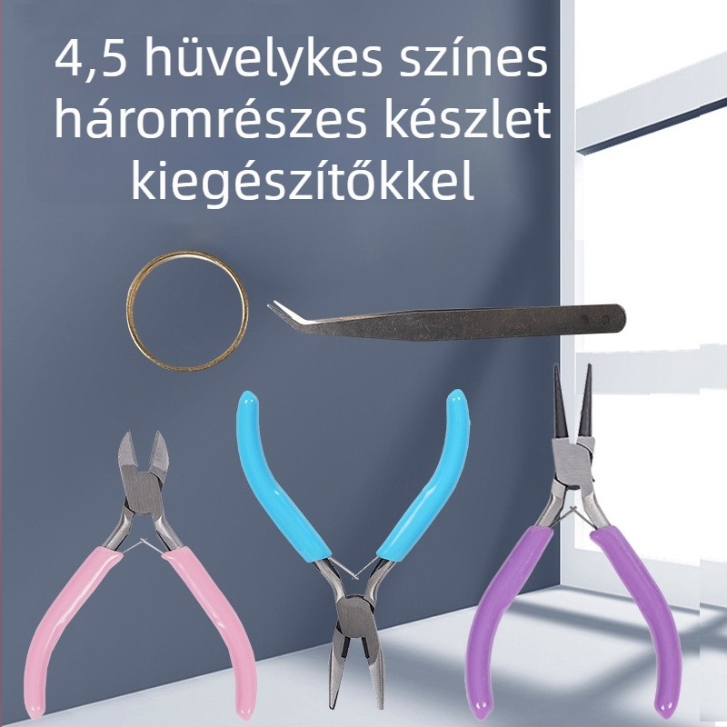 Ékszerfogó készlet testreszabható kivitelben: tűhegyű fogók, diagonális orrú fogók és környező orrú fogók; 45# acél, DIP műanyag fogantyú, antimagnetikus, 500 g
