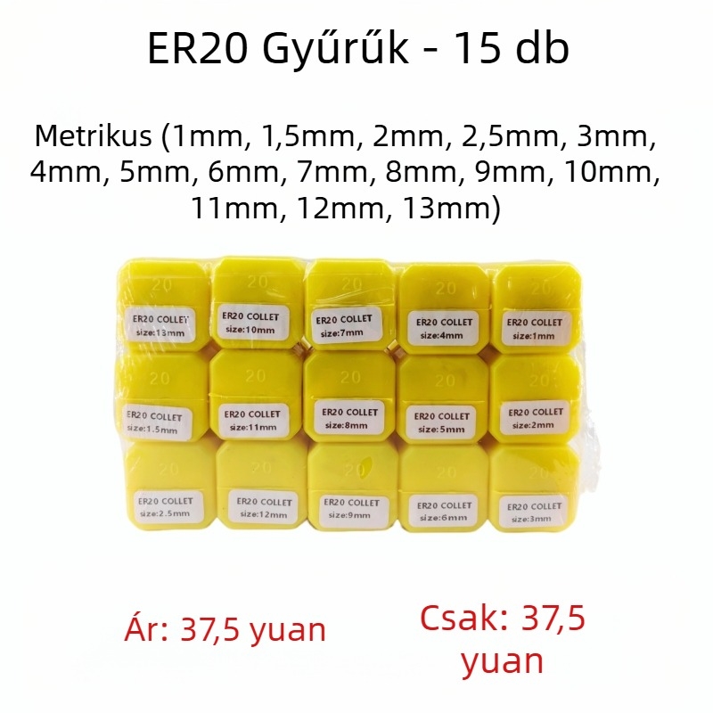 ER20 kolletfeszítő készlet, 15 db, 8° kúpos, gyorsacél, pontosság 0.015 mm