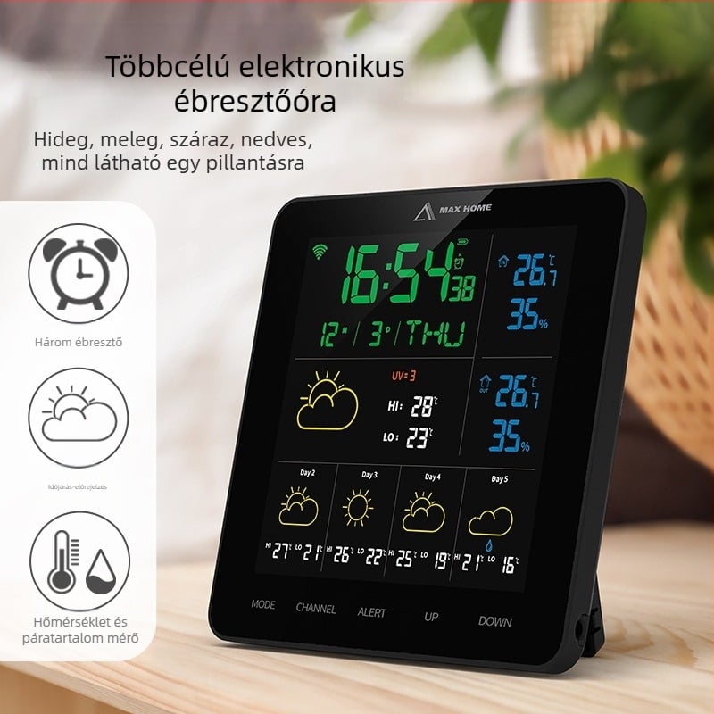 MAXHOME ébresztőóra WiFi időjárás-stációval, hőmérő és páratartalom, holdfázis, VA LED kijelző