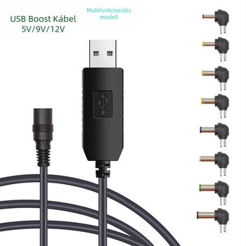 Autóhoz készült USB tápegység boost konverterrel, 5V‑9V/12V, derékszögű DC csatlakozó — többfunkciós, ideális routerhez, kocka hangsugárzóhoz, lámpához vagy játékhoz