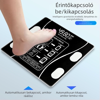 Digitális testsúlymérő, méri a testsúlyt, zsírt, kalóriát és nedvességet, 180 kg max, USB töltés vagy 7 elem, CE/FCC tanúsított