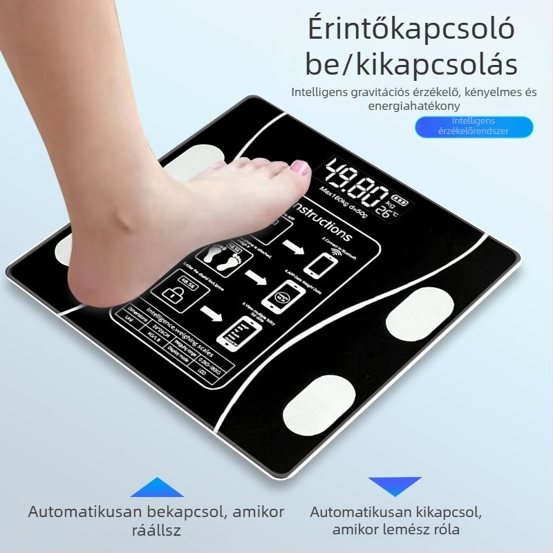 Digitális testsúlymérő, méri a testsúlyt, zsírt, kalóriát és nedvességet, 180 kg max, USB töltés vagy 7 elem, CE/FCC tanúsított