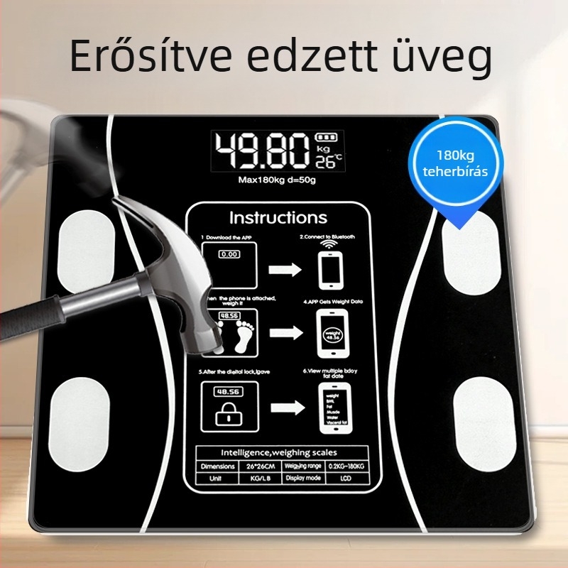 Digitális testsúlymérő, méri a testsúlyt, zsírt, kalóriát és nedvességet, 180 kg max, USB töltés vagy 7 elem, CE/FCC tanúsított