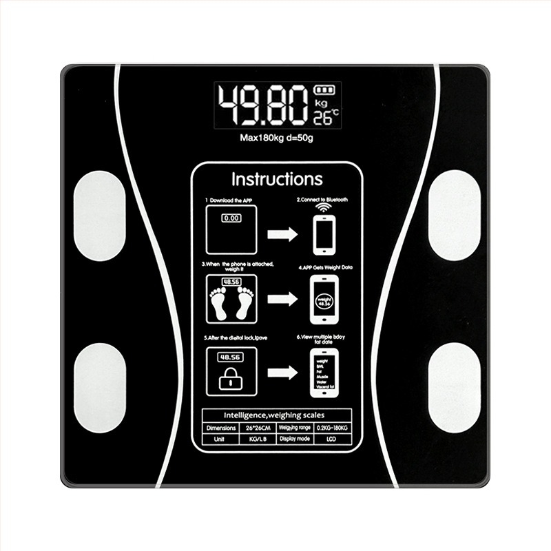 Digitális testsúlymérő, méri a testsúlyt, zsírt, kalóriát és nedvességet, 180 kg max, USB töltés vagy 7 elem, CE/FCC tanúsított