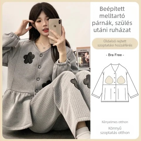 Szoptatós terhes női pizsama szett, vastag légáteresztő pamut anyag, hosszú ujjú felső és hosszú nadrág, szülés utáni, téli–tavaszi–ősz
