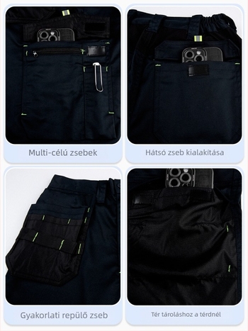 Szerelő munkanadrág, több zsebbel, kopásálló, megerősített, nedvesség-elvezető, 100% poliészter