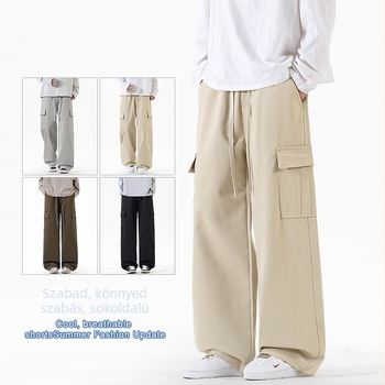 Munkás-nem hivatalos nadrág, széles lábú, hosszú, középmagas derekú, húzózsinóros zárás, egyszínű poliészter