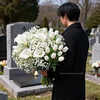 Bene 99 32 darabos műanyag kültéri temetői virágcsokor tuberózával, Calla Lily-vel és Gypsophilával — anyagok: műanyag és PU, flocking, injection molding