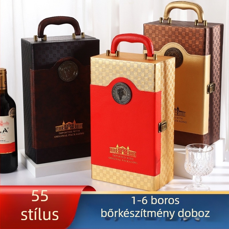 Hat üveg bor ajándéktok PU bőrrel, hardverrel és flanel belsővel; Gold Box márka, modell 55412; ajándékcsomagolás