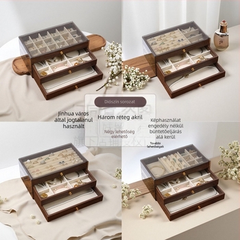 Diófából készült háromrétegű ékszerdoboz koreai stílusban, minimalist csíkos mintával