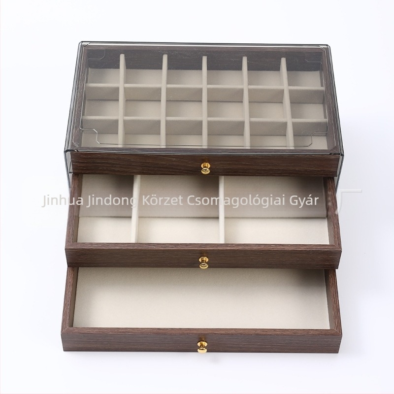 Diófából készült háromrétegű ékszerdoboz koreai stílusban, minimalist csíkos mintával