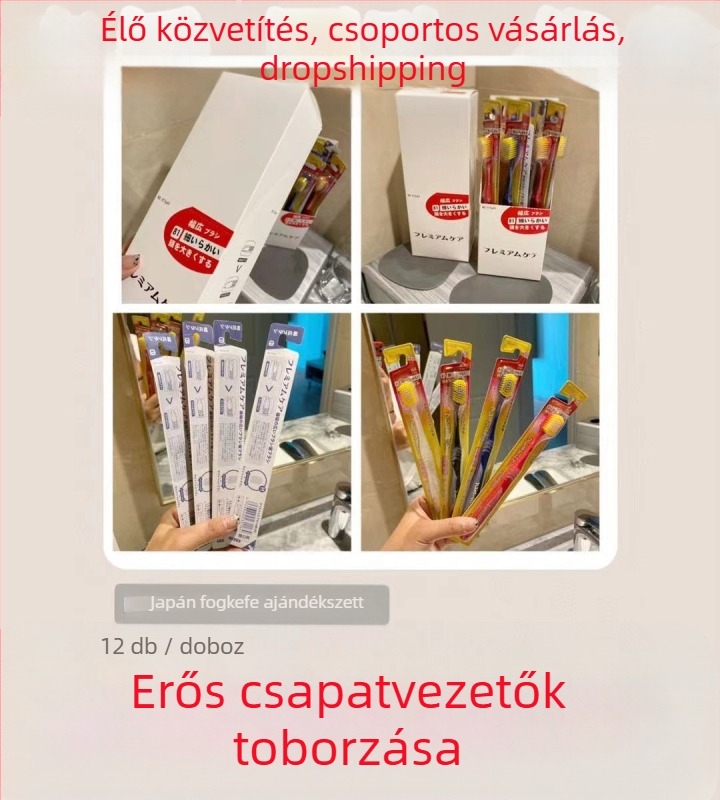 Japán stílusú felnőtt fogkefe, puha sörték, magas és alacsony sörték, széles fej, 12 darabos készlet