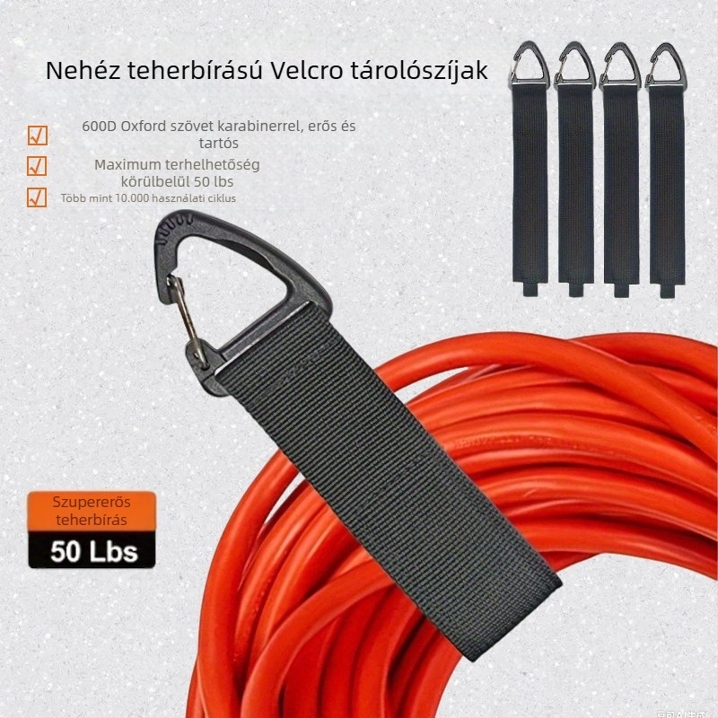 Masszív tároló pántok kábelek és tömlők számára — Oxford anyag, Velcro zár, karabiner