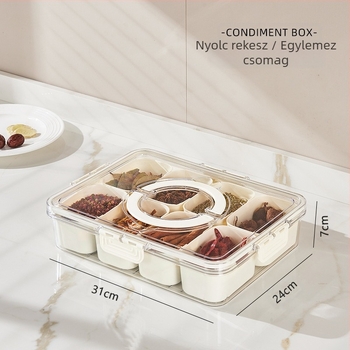 Fűszer rendező doboz, élelmiszer-minőségű, hordozható, négyzet alakú, 1 rétegű, kapacitás 1-2 L, műanyag