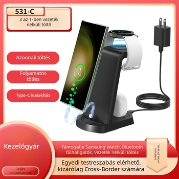 Három az egyben vezeték nélküli töltő asztali állvánnyal, 15W kimenet, QC3.0, 5V/3A