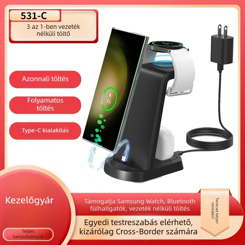 Három az egyben vezeték nélküli töltő asztali állvánnyal, 15W kimenet, QC3.0, 5V/3A