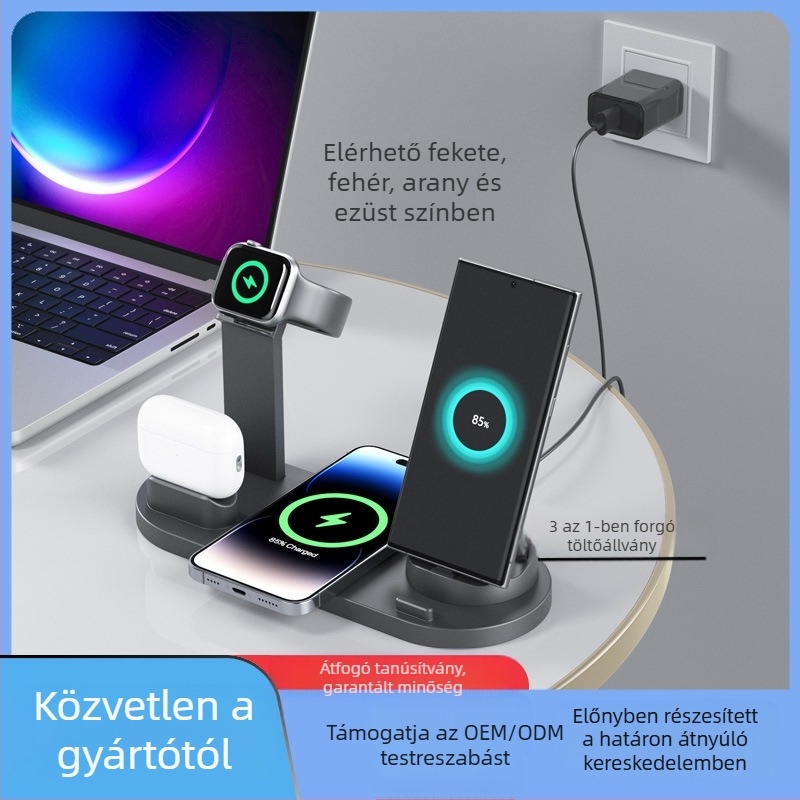 5-1-ben vezeték nélküli töltő forgatható telefonállvánnyal és töltéssel órára és fülhallgatóra — Qi tanúsítvány, QC3.0, akár 15W (Modell BXD-07A)