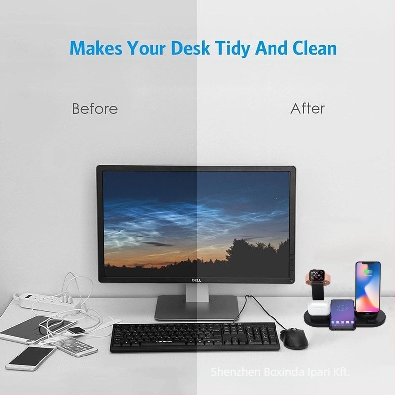 5-1-ben vezeték nélküli töltő forgatható telefonállvánnyal és töltéssel órára és fülhallgatóra — Qi tanúsítvány, QC3.0, akár 15W (Modell BXD-07A)