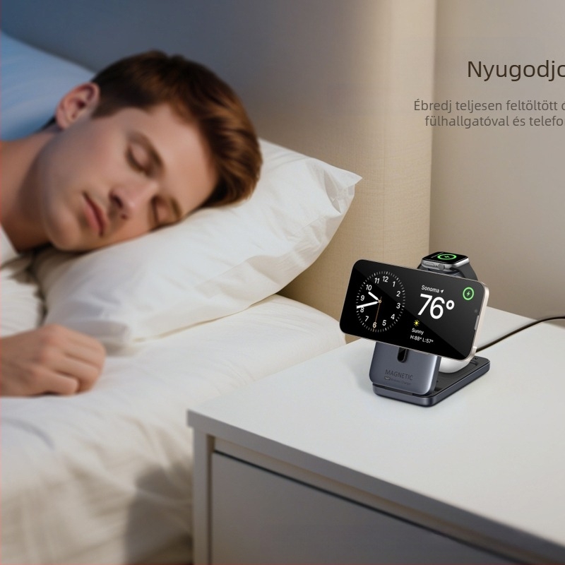 Asztali mágneses hajtogatható 3-az-1-es vezeték nélküli töltő telefon, óra és fülhallgató tartóval (PD akár 15W)