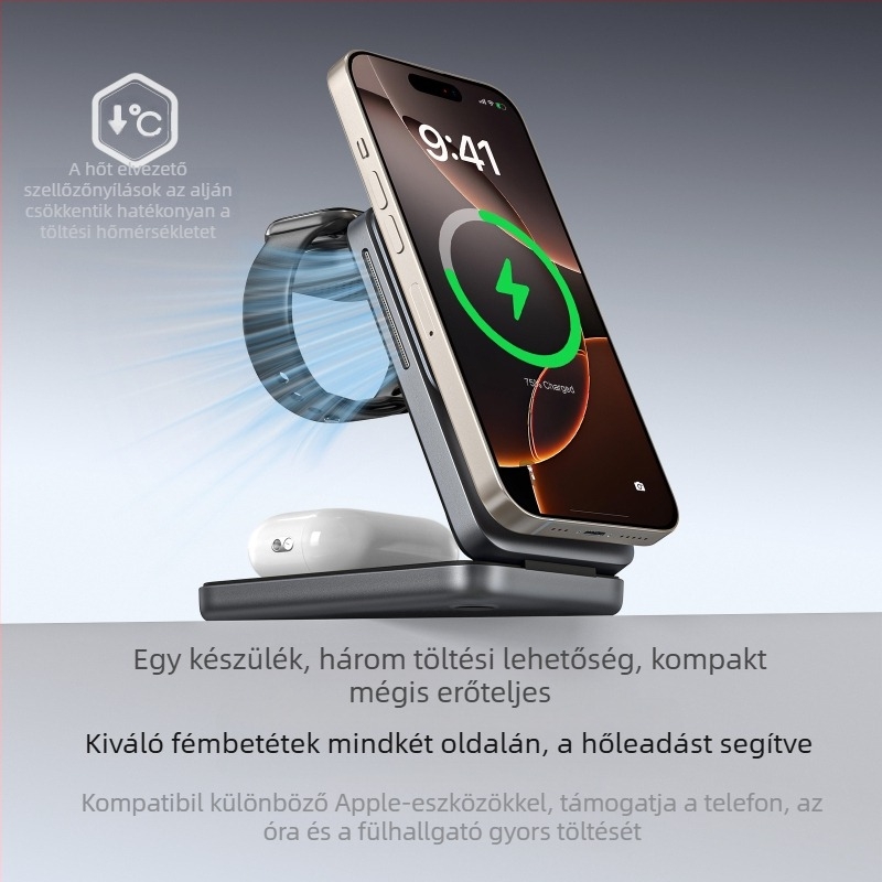 S29 3-in-1 összecsukható hordozható vezeték nélküli töltő telefonhoz mágneses asztali tartóval QC3.0 gyors töltés, max 15W