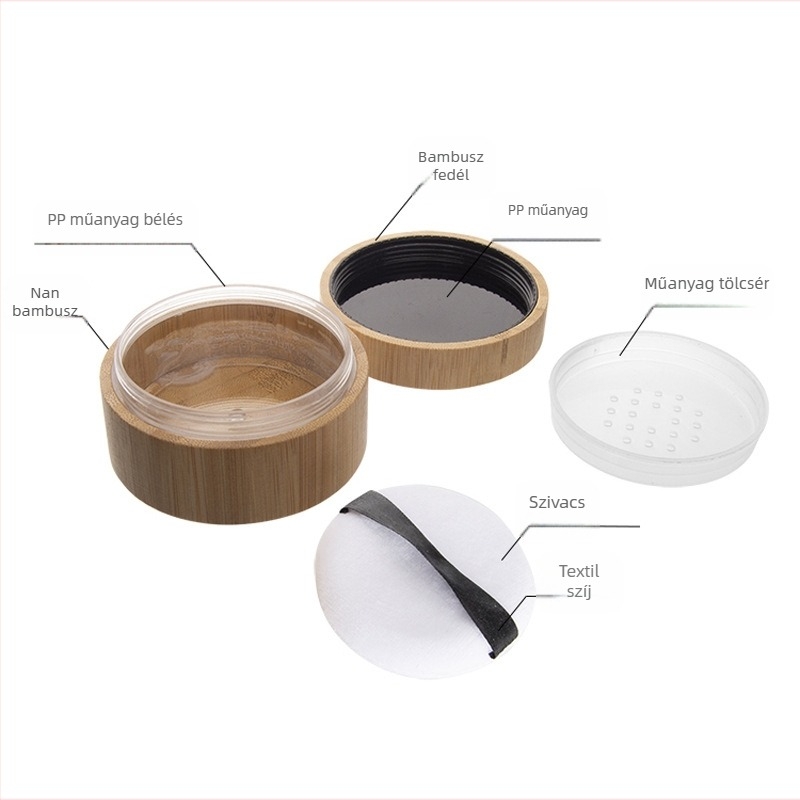 Kozmetikai púder csomagoló doboz bambusz-fa dizájnban; lézergravírozás és szitanyomás; testreszabható; licencelt magáncímke